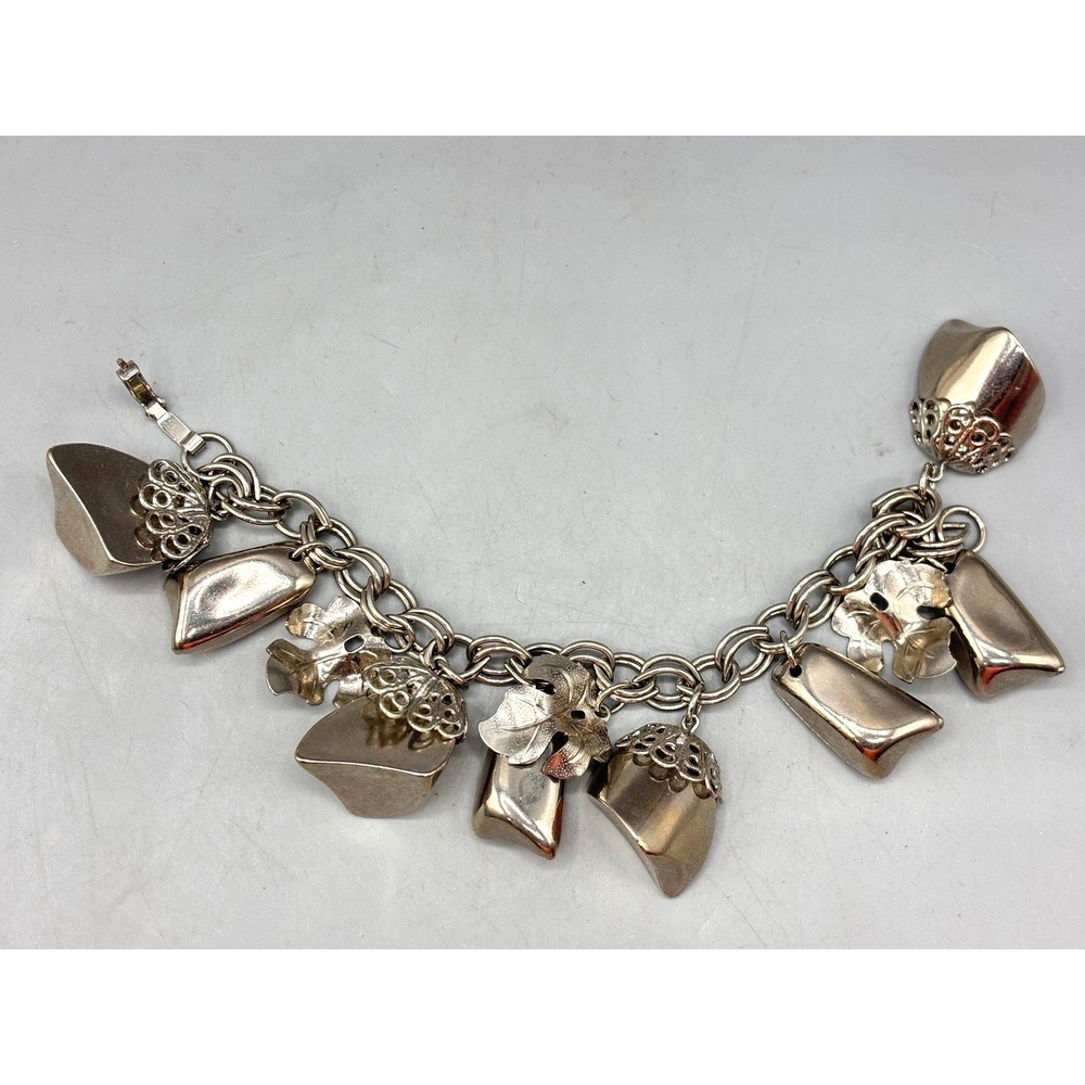 Vtg Silver Tone Chunky Charm Bracelet Leaf Filigree Nugget‎ Reflective Cha Cha